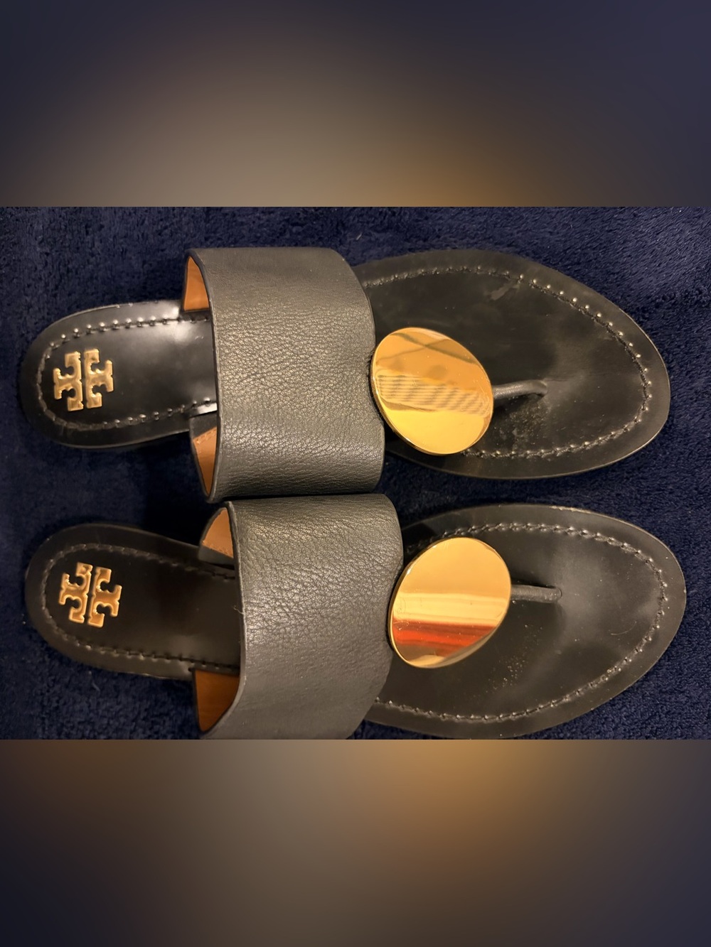 Tory Burch Black Leather Women’s Slide Sandals with Gold Disc